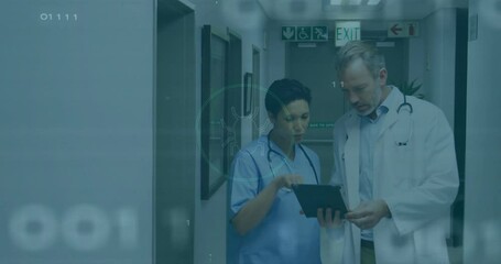 Poster - Processing medical data animation over doctors discussing information on tablet in hospital