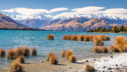 Wall Mural -  Tranquil mountain lake with vibrant reeds