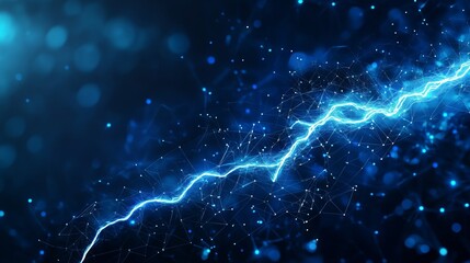 Poster - Abstract mash line and point lightning energy icon. With dark blue background. Low poly wireframe with lines, dots and glowing particles