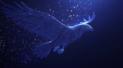 Abstract mash line and point eagle in flames style. With dark blue background. Low poly wireframe with lines, dots and glowing particles 