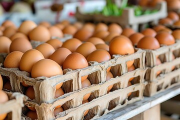 Fresh brown chicken eggs for sale at market stall