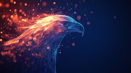 Poster - abstract mash line and point eagle in flames style. with dark blue background. low poly wireframe wi
