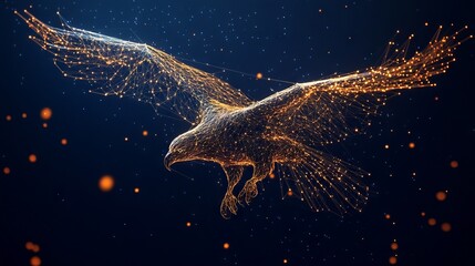 Poster - abstract mash line and point eagle in flames style. with dark blue background. low poly wireframe wi