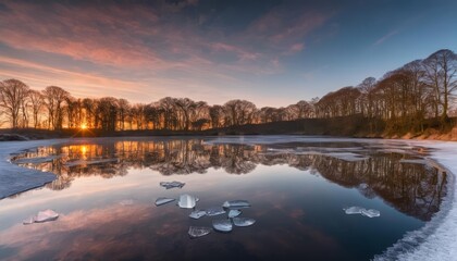 Wall Mural -  Peaceful sunset over a frozen lake