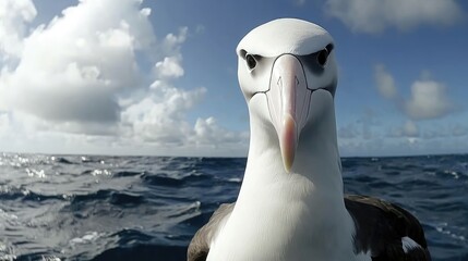 Close-up of a White-tailed tropicbird with dark eyes and a pink beak