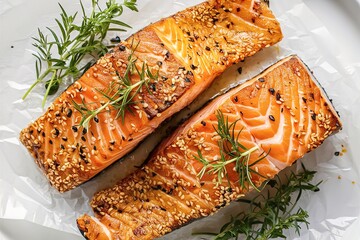 A delectable close-up shot of two perfectly baked salmon fillets