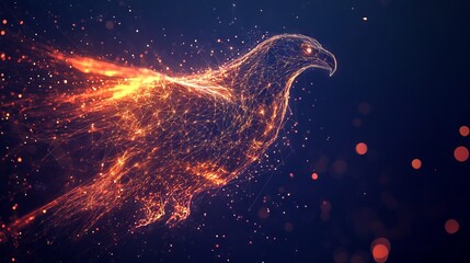 Poster - abstract mash line and point eagle in flames style. with dark blue background. low poly wireframe wi