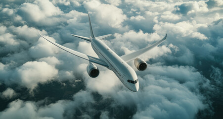 Poster - A white Boeing airplane flying through the clouds