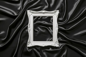 Wall Mural - A sophisticated, high-contrast photograph of a white picture frame artfully placed on a smooth black satin fabric