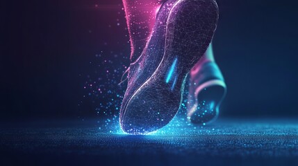 Poster - Abstract image of feet in sneakers running low poly. Vector sport concept. With dark blue background. Low poly wireframe with lines, dots and glowing particles