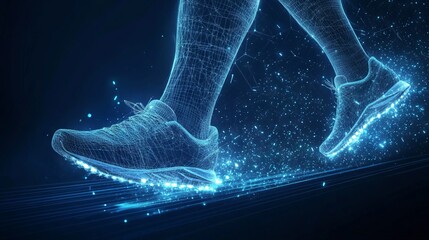 Poster - Abstract image of feet in sneakers running low poly. Vector sport concept. With dark blue background. Low poly wireframe with lines, dots and glowing particles