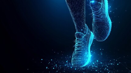 Poster - Abstract image of feet in sneakers running low poly. Vector sport concept. With dark blue background. Low poly wireframe with lines, dots and glowing particles