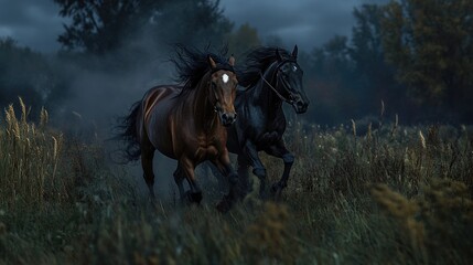 Two Horses Running Through Tall Grass in a Dark Forest