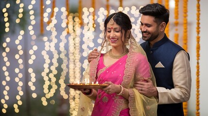 Wall Mural - Happy Diwali, happy Indian couple  holding diya, celebrating Diwali, the festival of lights.