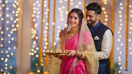 Happy Diwali, happy Indian couple  holding diya, celebrating Diwali, the festival of lights.