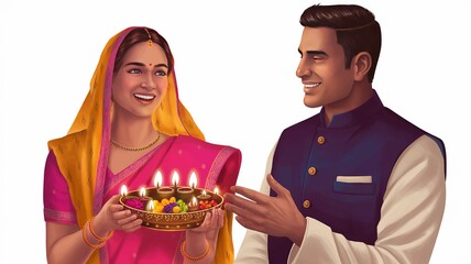 Happy Diwali, happy Indian couple  holding diya, celebrating Diwali, the festival of lights.