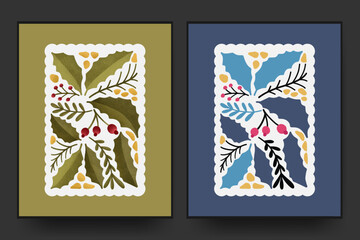 Christmas abstract floral matisse minimal style. hand drawn flat and textured design art set for wall decor, post card, poster, cover.