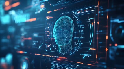Poster - Futuristic digital interface displaying a 3D virtual twin model with advanced data visualization and monitoring capabilities for modern industrial and technological applications