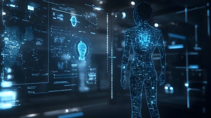 Poster - futuristic digital interface showcasing a virtual 3d twin model with advanced visualization and anal