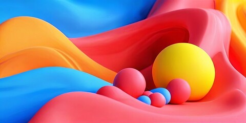 Poster - A colorful, abstract painting with a yellow ball in the middle