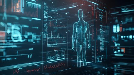 Poster - Futuristic medical digital twin showcasing advanced health data and analytics on a sleek minimalist dashboard interface with copy space for additional information or branding