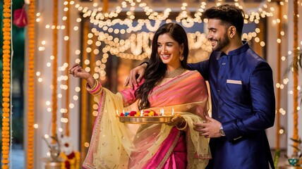 Wall Mural - Happy Diwali, happy Indian couple  holding diya, celebrating Diwali, the festival of lights.