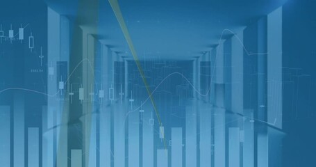 Poster - Financial data charts and graphs animation over futuristic blue hallway
