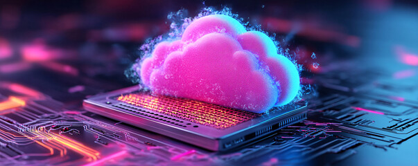Poster - A vibrant digital cloud emerging from a technological device, symbolizing data storage and connectivity in a modern world.