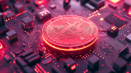 Poster - Close-up of a digitally rendered Bitcoin on a circuit board background, glowing with red lights, symbolizing cryptocurrency technology.