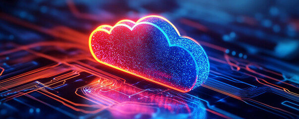 Poster - Futuristic cloud technology concept with glowing neon effects and digital circuits, symbolizing data storage and connectivity.