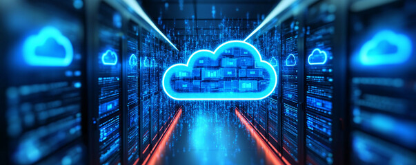 Poster - Futuristic data center with glowing cloud storage symbol, representing innovation in digital technology and data management.