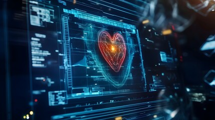 Poster - Futuristic medical digital twin displaying comprehensive health data and analytics on a high tech futuristic screen interface  Conceptual for precision medicine remote patient monitoring