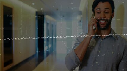 Aufkleber - talking on phone, man in office hallway with data visualization animation over
