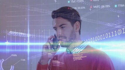 Poster - Talking on phone, man with beard over binary code and stock market data animation