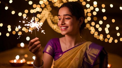 Happy Diwali, Portrait Indian woman celebrating Diwali, the festival of lights, holding a lit diya (oil lamp) in both hands