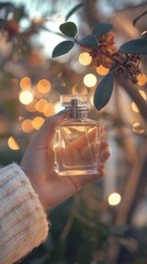 Wall Mural - Closeup of a woman s wrist with a perfume bottle, detailed focus on the bottle and her wrist, soft and ambient lighting, background blurred, eyelevel perspective