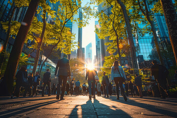 On a sunny summer morning, a wide-angle view captures bustling energy of business people as they navigate city streets, their vibrant attire and confident strides reflecting optimism and determinatio