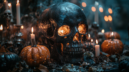 The Gaze of Eternity: A hauntingly beautiful skull with glowing eyes lies amidst flickering candles and pumpkins, conjuring the eerie spirit of Halloween.