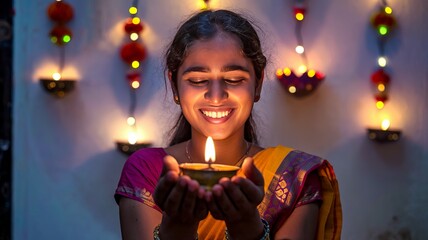 Happy Diwali, Portrait Indian woman smiling and holding a lit diya (oil lamp) in both hands, celebrating Diwali, the festival of lights