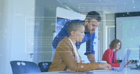Poster - Processing business data animation, diverse colleagues working on laptops in office
