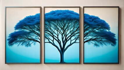 set of three vertical poster, minimalist blue tree wall art deco