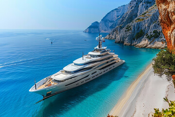 From a high-angle view on a sunny summer day, aerial drone captures an ultra wide photo of a luxurious yacht gracefully docked near an exotic sandy turquoise beach, with sparkling blue sea stretching