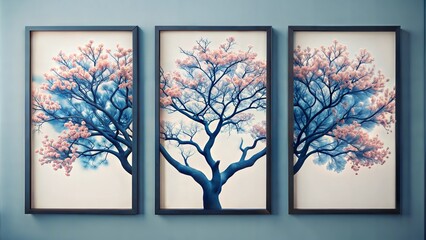 set of three vertical poster, minimalist blue tree wall art deco