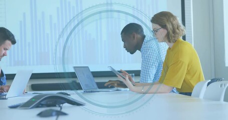 Poster - Analyzing business data animation, diverse professionals working on laptops and tablets