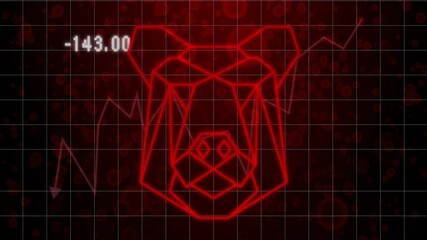 Sticker - Bear head outline and stock market data animation over red grid background