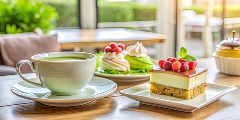 Light breakfast in a restaurant with green tea and dessert, healthy, food, breakfast, restaurant, meal, table setting