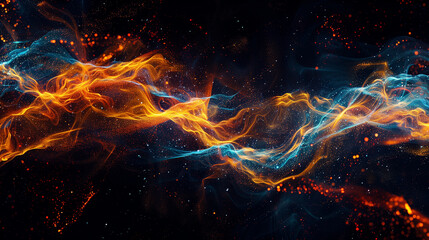 Wall Mural - Abstract waves of glowing orange particles flowing in dark background