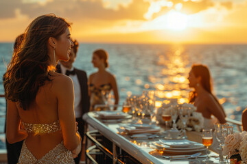 happy people, dressed in elegant attire, are joyfully mingling and dancing on a luxurious yacht, wit