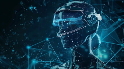 Poster - wireframe illustration of a person wearing a virtual reality headset. The background is filled with digital elements, suggesting a futuristic and immersive virtual world.