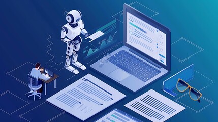 Poster - Futuristic illustration depicting a robot working alongside a human, showcasing the integration of AI in modern workplaces.